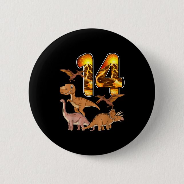 14th Birthday Dinosaur T-rex 14 Years Old Birthday 6 Cm Round Badge (Front)