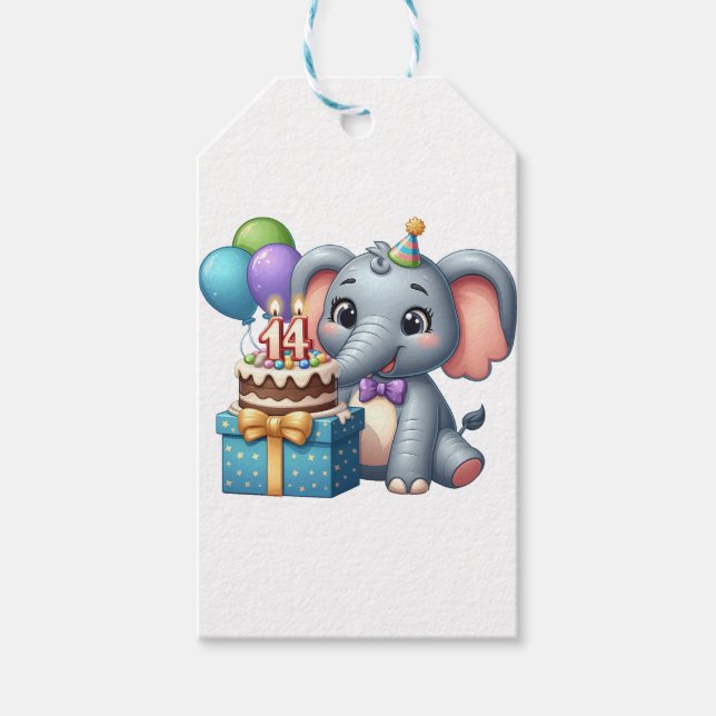 14th Birthday Elephant Gift Tags (Front)