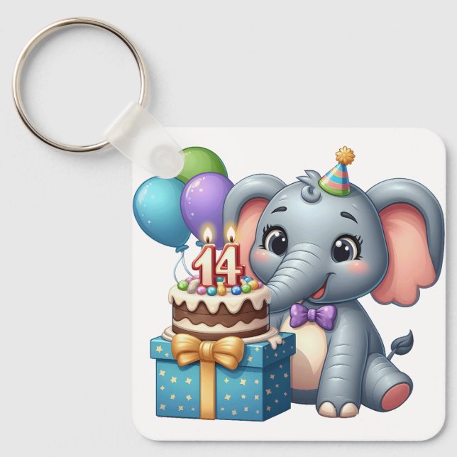 14th Birthday Elephant Key Ring (Front)