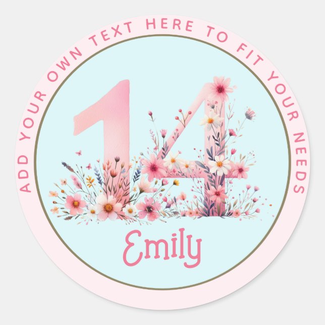 14th Birthday Fairy Floral Pink Princess Fairytale Classic Round Sticker (Front)