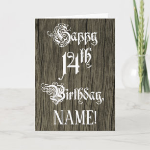 14th Birthday: Fancy, Elegant Text; Faux Wood Look Card