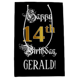 14th Birthday ~ Fancy Script; Faux Gold Look; Name Medium Gift Bag