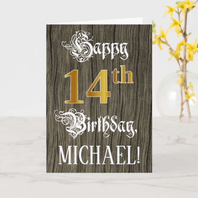14th Birthday: Faux Gold Look + Faux Wood Pattern Card (Yellow Flower)