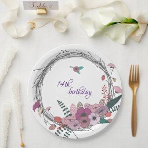  14th Birthday, Flower Floral Wreath  Paper Plate