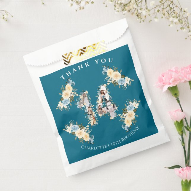 14th Birthday Flower Teal Photo Collage Yellow Favour Bags (Sealed)
