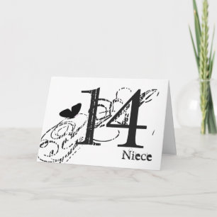 14th birthday for a niece, black butterfly, text. card