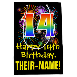 14th Birthday: Fun Fireworks Pattern + Rainbow 14 Medium Gift Bag