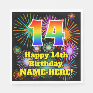 14th Birthday: Fun Fireworks Pattern + Rainbow 14 Napkin