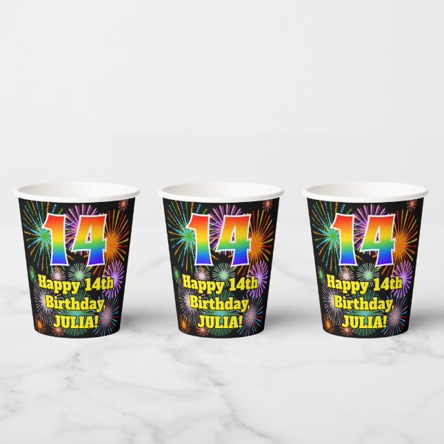 14th Birthday: Fun Fireworks Pattern + Rainbow 14 Paper Cups (Multi)