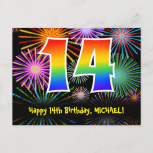 14th Birthday – Fun Fireworks Pattern + Rainbow 14 Postcard