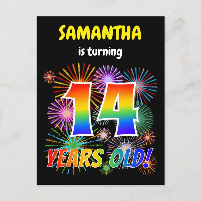 14th Birthday - Fun Fireworks, Rainbow Look "14" Postcard (Front)