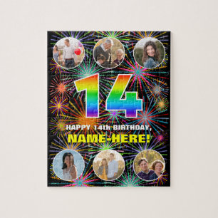 14th Birthday: Fun Rainbow #, Custom Name + Photos Jigsaw Puzzle