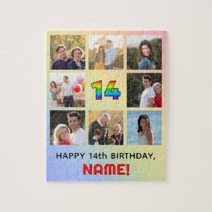 14th Birthday: Fun Rainbow #, Custom Name & Photos Jigsaw Puzzle