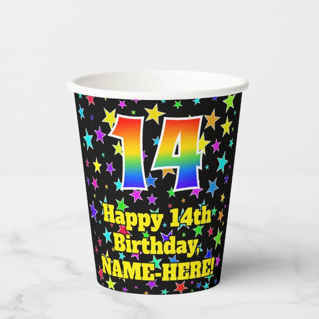14th Birthday: Fun Stars Pattern and Rainbow 14 Paper Cups (Front)