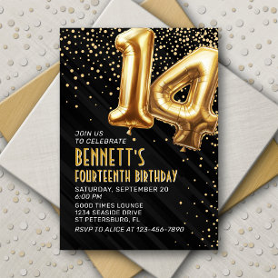 14th Birthday Gold Black Invitation