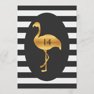 14th Birthday Gold Flamingo Black White Stripes Invitation