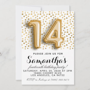 14th Birthday Gold Polkadot Invitation