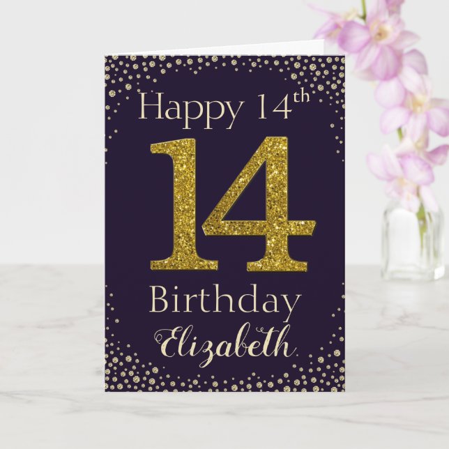 14th Birthday Golden Glitter Card (Orchid)