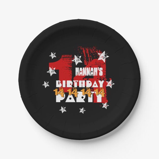 14th Birthday Grunge Black Red Gold White Stars Paper Plate (Front)