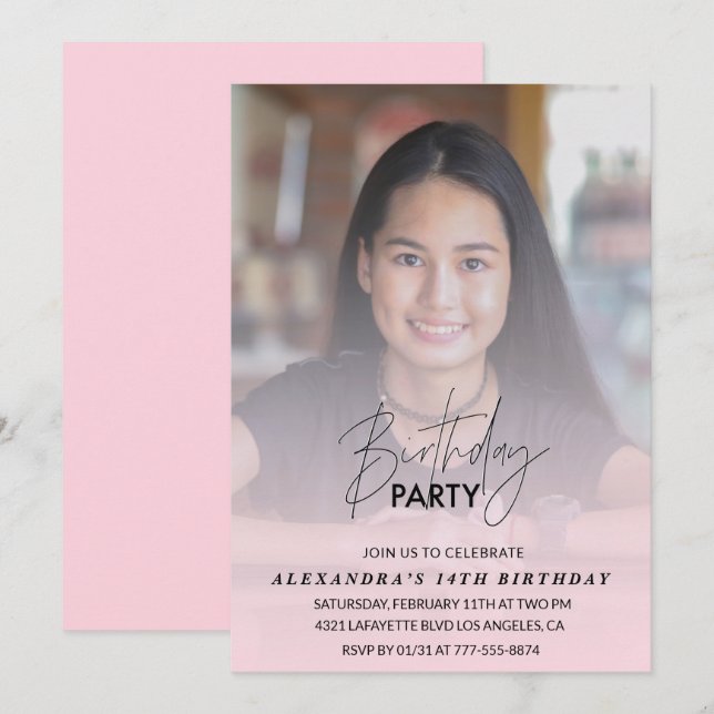 14th birthday invitation Birthday Party Photo pink (Front/Back)