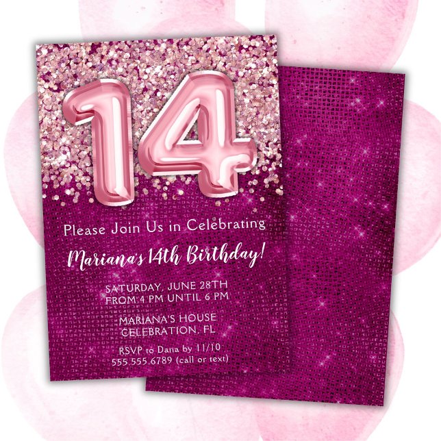 14th Birthday Invitation Girl Magenta Pink Glitter (Creator Uploaded)