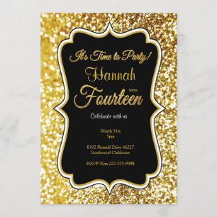 14th birthday invitation in black and gold
