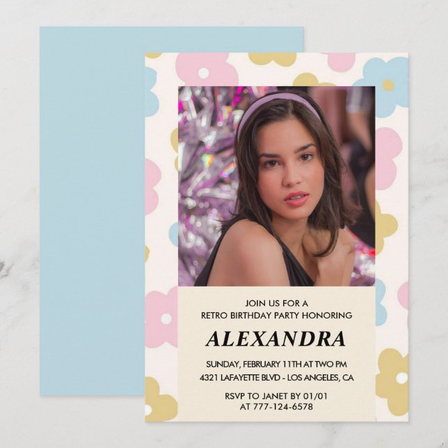14th birthday invitation Retro Groovy Flowers Cute (Front/Back)