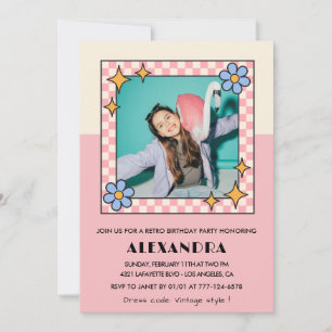14th birthday invitation Retro Groovy Pink Flowers