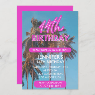 14th birthday invitation Summer Pink Palm tree