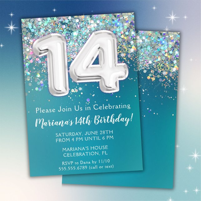 14th Birthday Invitation Teal Silver Glitter (Creator Uploaded)