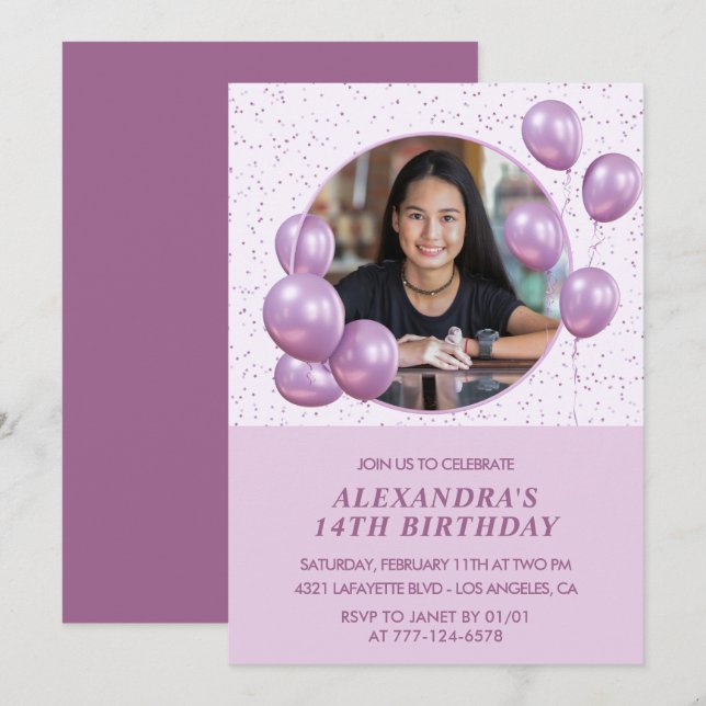 14th birthday invitations Balloons Photo Purple (Front/Back)