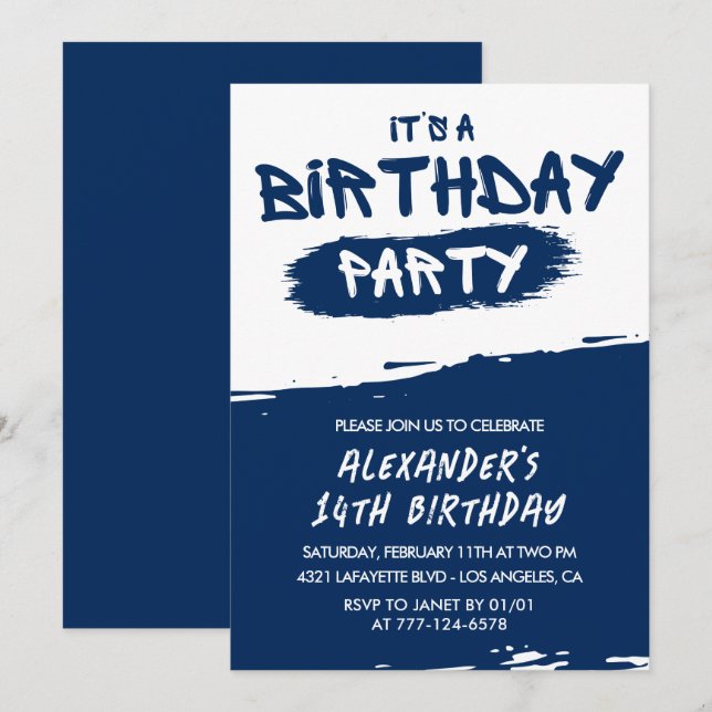 14th birthday invitations boy Graffiti Navy Blue (Front/Back)