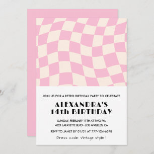 14th birthday invitations Chequered Retro Pink