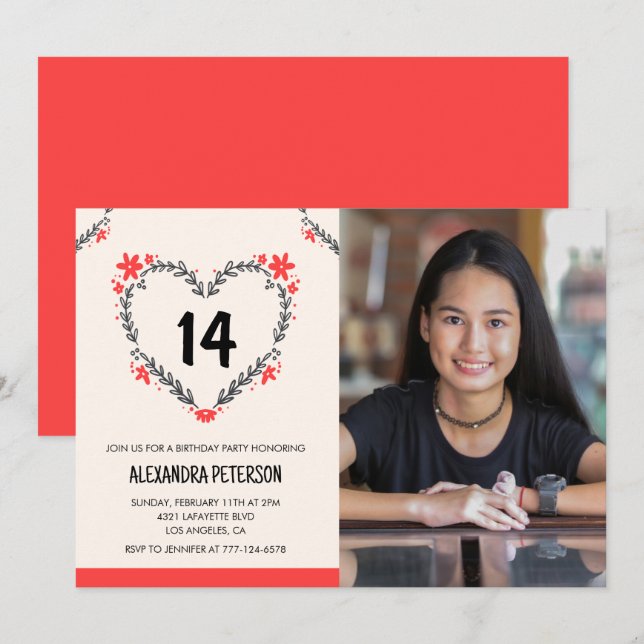 14th birthday invitations for her Floral Heart (Front/Back)
