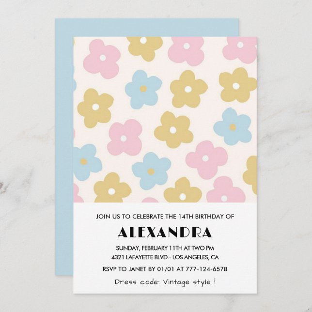 14th birthday invitations Girl Blue Pink Floral (Front/Back)