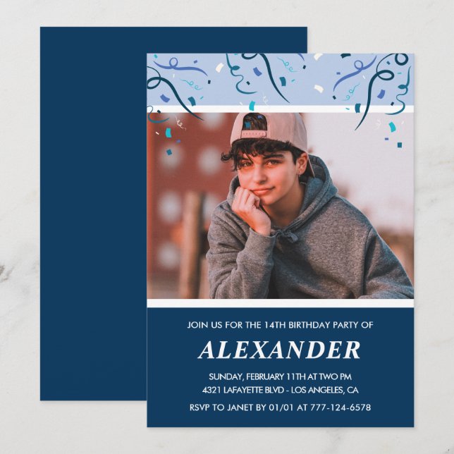 14th birthday invitations Photo Navy Blue (Front/Back)