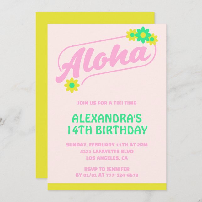 14th birthday invitations Tropical Aloha Pink (Front/Back)