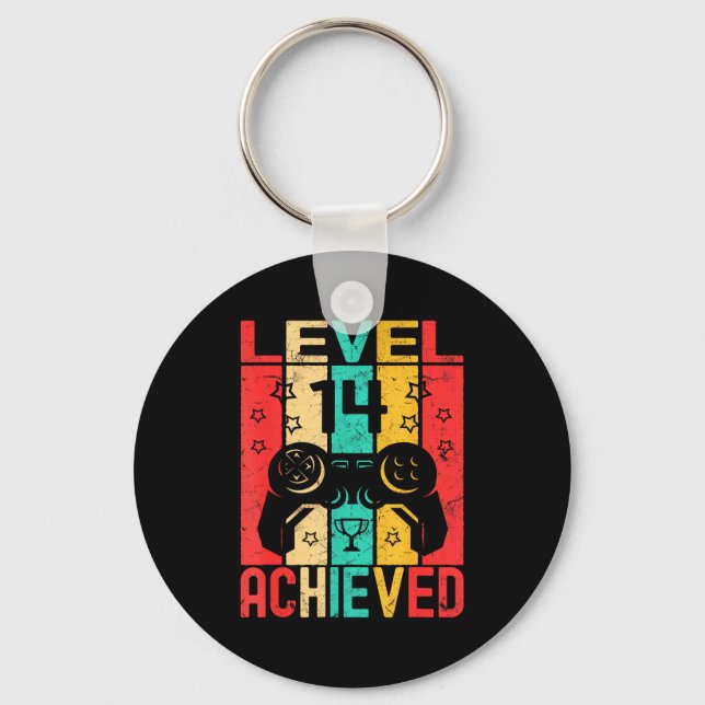 14th Birthday Level 14 Achieved Gamer Funny Birthd Key Ring (Front)