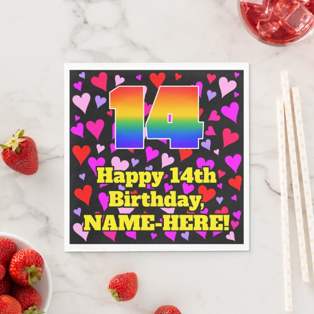 14th Birthday: Loving Hearts Pattern, Rainbow # 14 Napkin (Insitu)