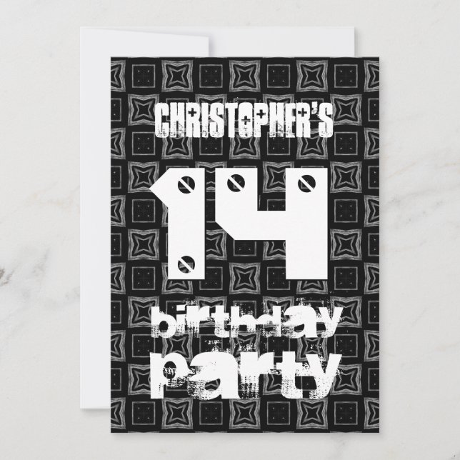 14th Birthday Modern Teen Black White Pattern V01 Invitation (Front)
