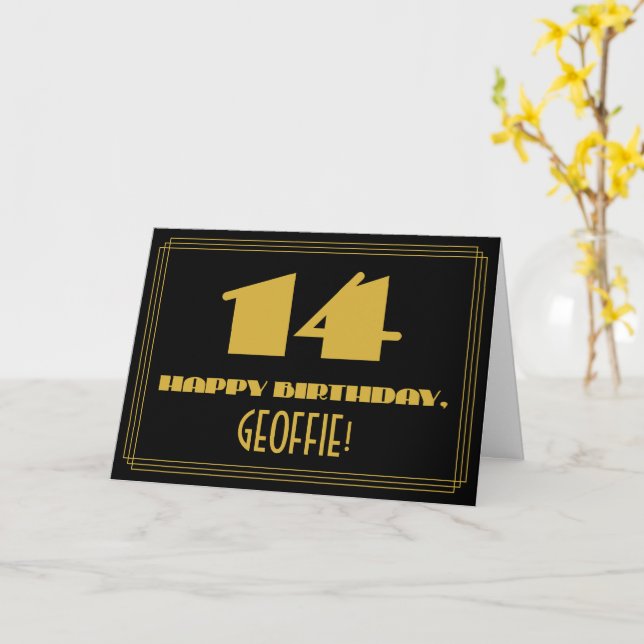 14th Birthday: Name + Art Deco Inspired Look "14" Card (Yellow Flower)