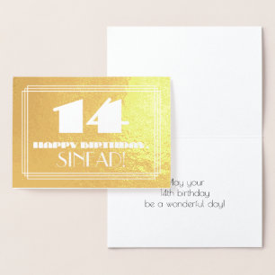 14th Birthday: Name + Art Deco Inspired Look "14" Foil Card