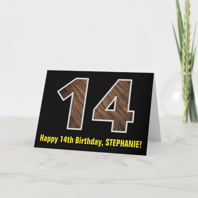 14th Birthday: Name + Faux Wood Grain Pattern "14" Card (Front)