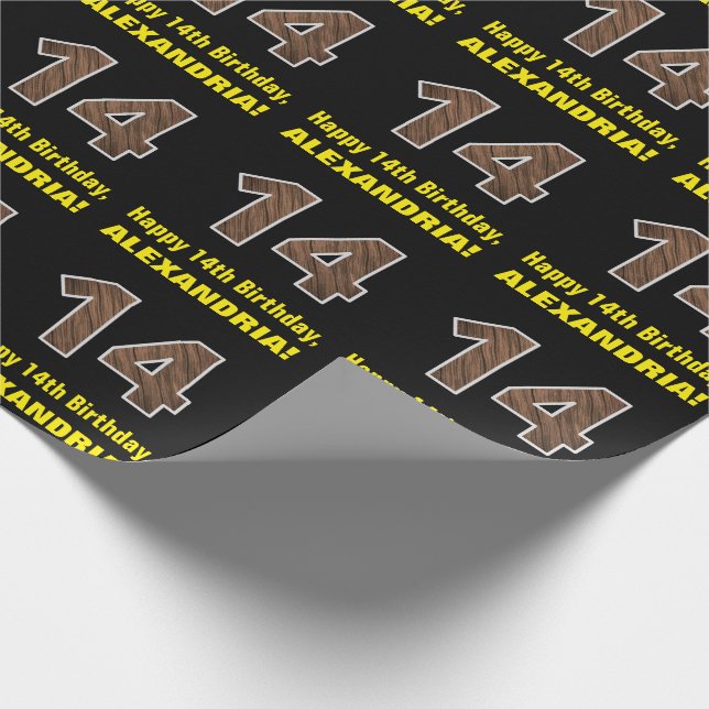 14th Birthday: Name & Faux Wood Grain Pattern "14" Wrapping Paper (Corner)