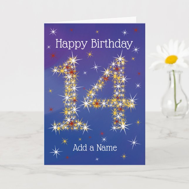14th Birthday - Number 14 in Stars - Blue - Age 14 Card (Small Plant)