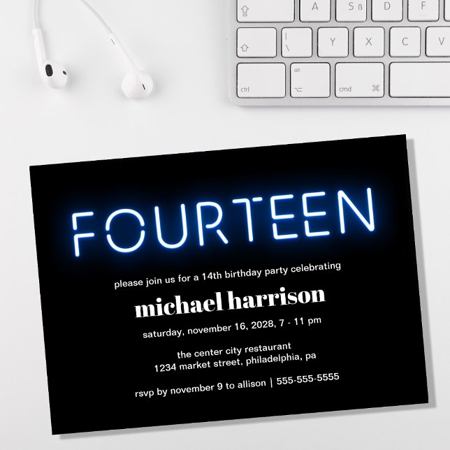 14th Birthday Party Blue Neon Lights Invitation (Creator Uploaded)