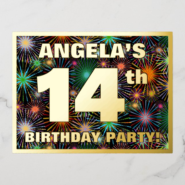 14th Birthday Party: Bold, Colourful Fireworks Loo Foil Invitation Postcard (Front)