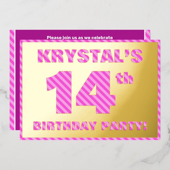 14th Birthday Party — Bold, Fun, Pink Stripes # 14 (Front/Back)