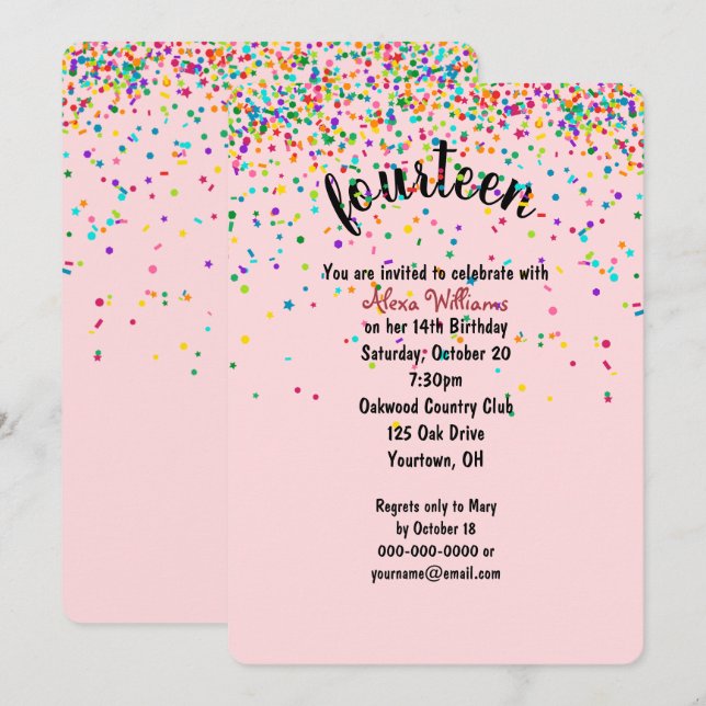 14th Birthday Party confetti Invitation (Front/Back)