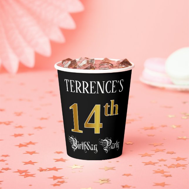 14th Birthday Party — Fancy Script, Faux Gold Look Paper Cups (Insitu)